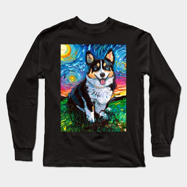 Tri Color Corgi Night Long Sleeve T-Shirt by sagittariusgallery